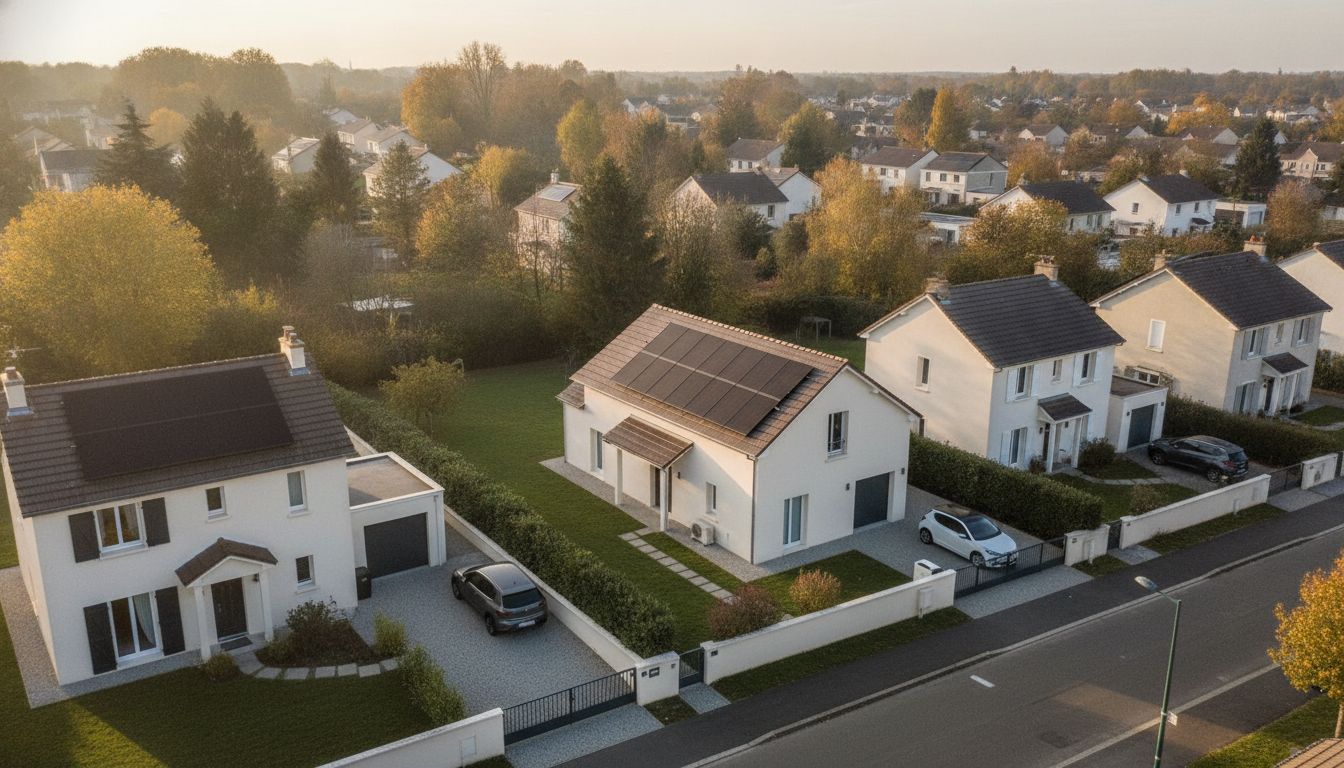 Maison individuelle rénovée vue d'ensemble, isolation extérieure et pompe à chaleur