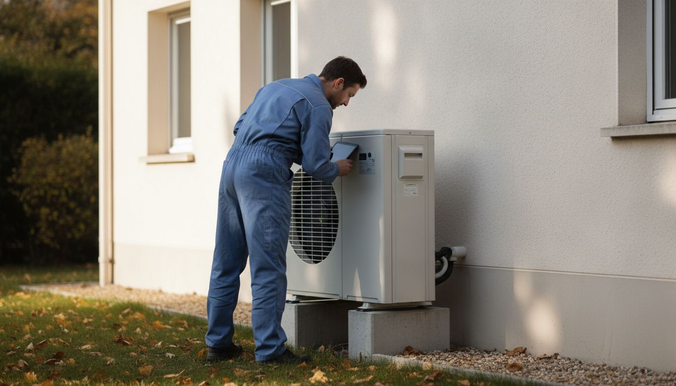 Technicien chauffagiste mettant en service une pompe à chaleur air/eau agréée