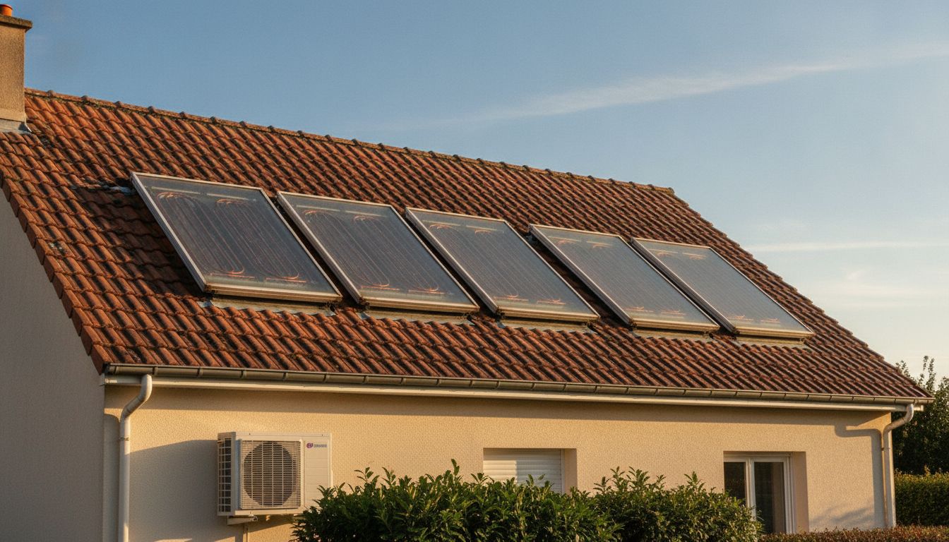 Maison individuelle rénovée avec capteurs en toiture et pompe à chaleur