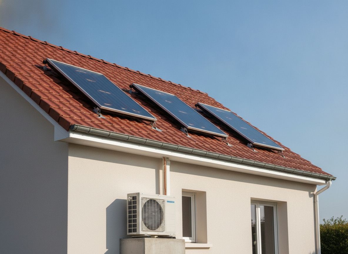 Capteurs solaires thermiques posés sur la toiture d'une maison individuelle