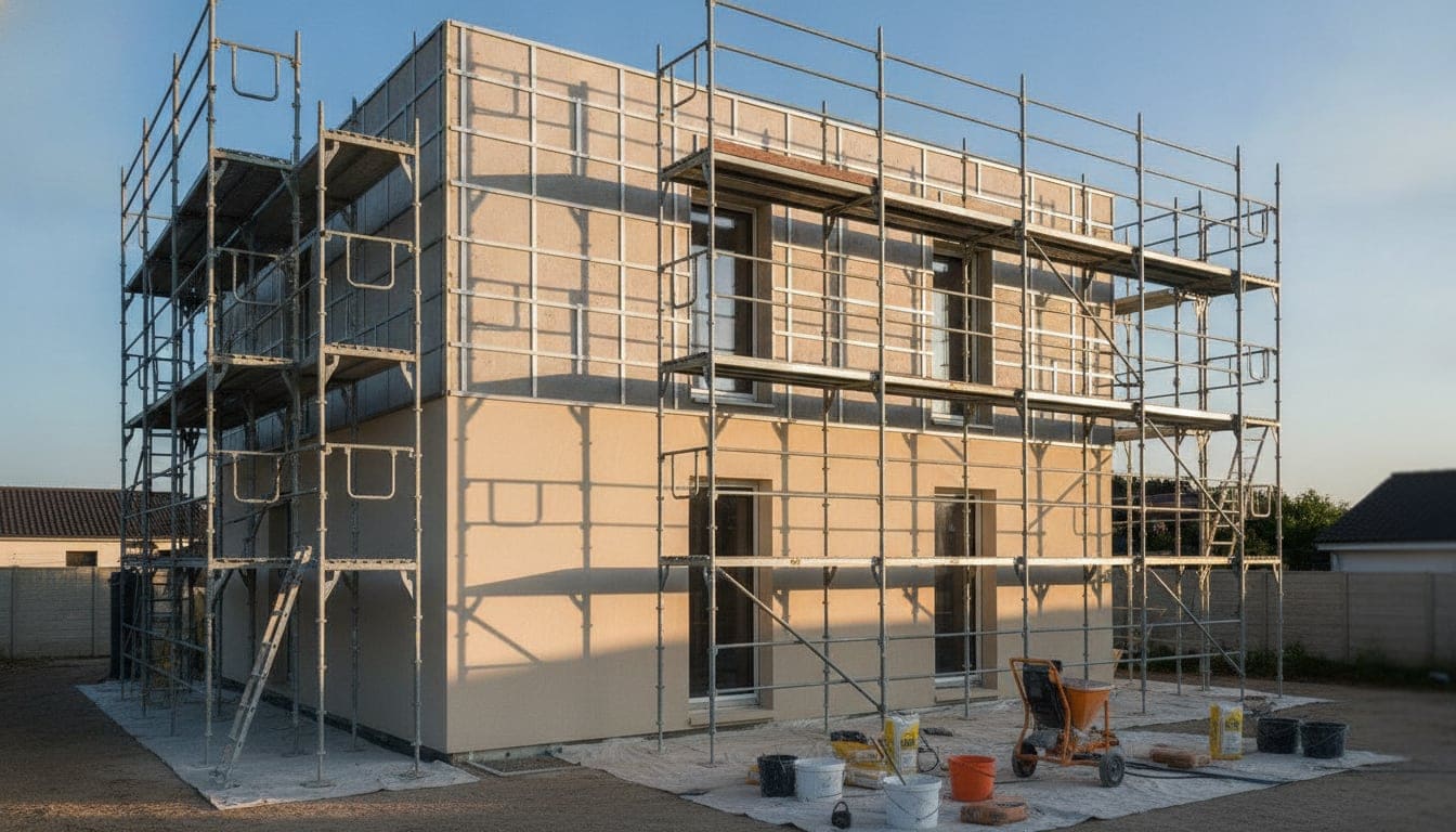 Chantier d'isolation thermique par l'extérieur : panneaux isolants fixés sur la façade et première couche d'enduit