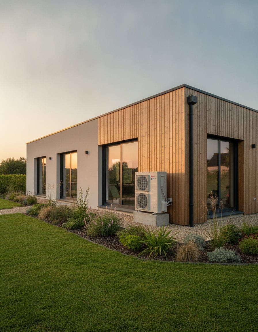Maison rénovée avec isolation extérieure, bardage bois et pompe à chaleur