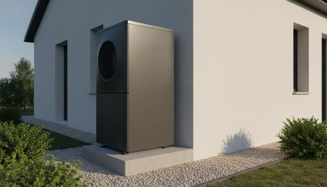 Unité extérieure d'une pompe à chaleur air/eau installée sur socle contre une façade enduite