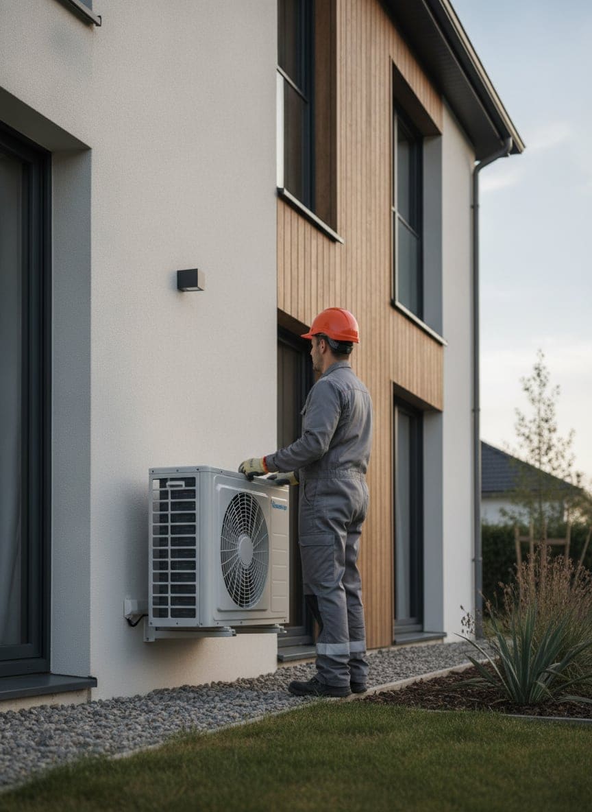 Technicien chauffagiste mettant en service une pompe à chaleur air/eau